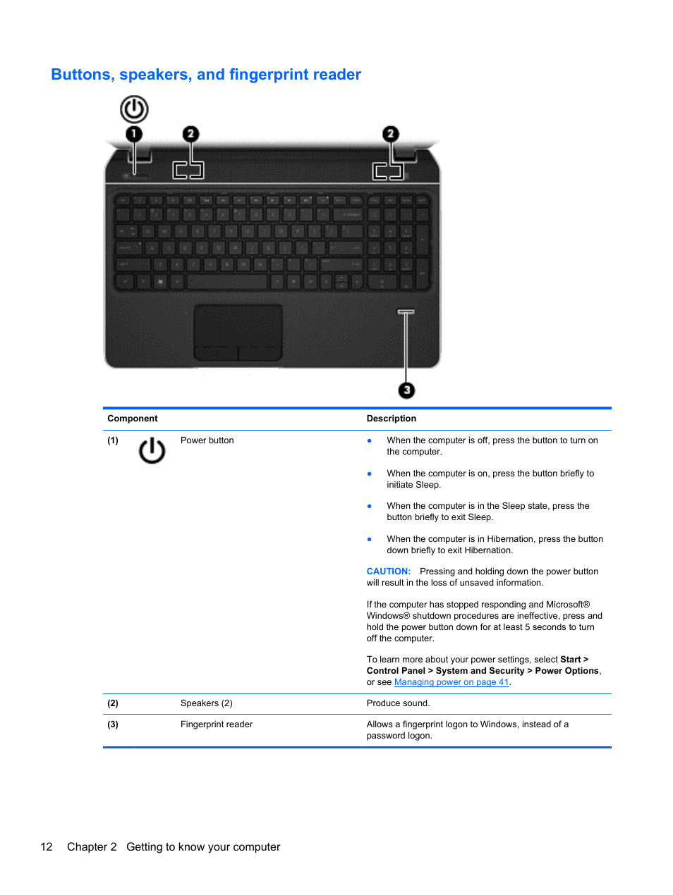 Buttons, speakers, and fingerprint reader | HP Pavilion m6-1002xx Entertainment Notebook PC User Manual | Page 22 / 101