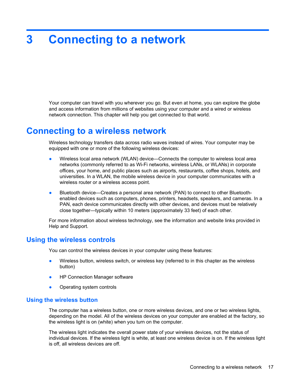 Connecting to a network, Connecting to a wireless network, Using the wireless controls | Using the wireless button, 3 connecting to a network, Connecting, 3connecting to a network | HP Pavilion m6-1002xx Entertainment Notebook PC User Manual | Page 27 / 101