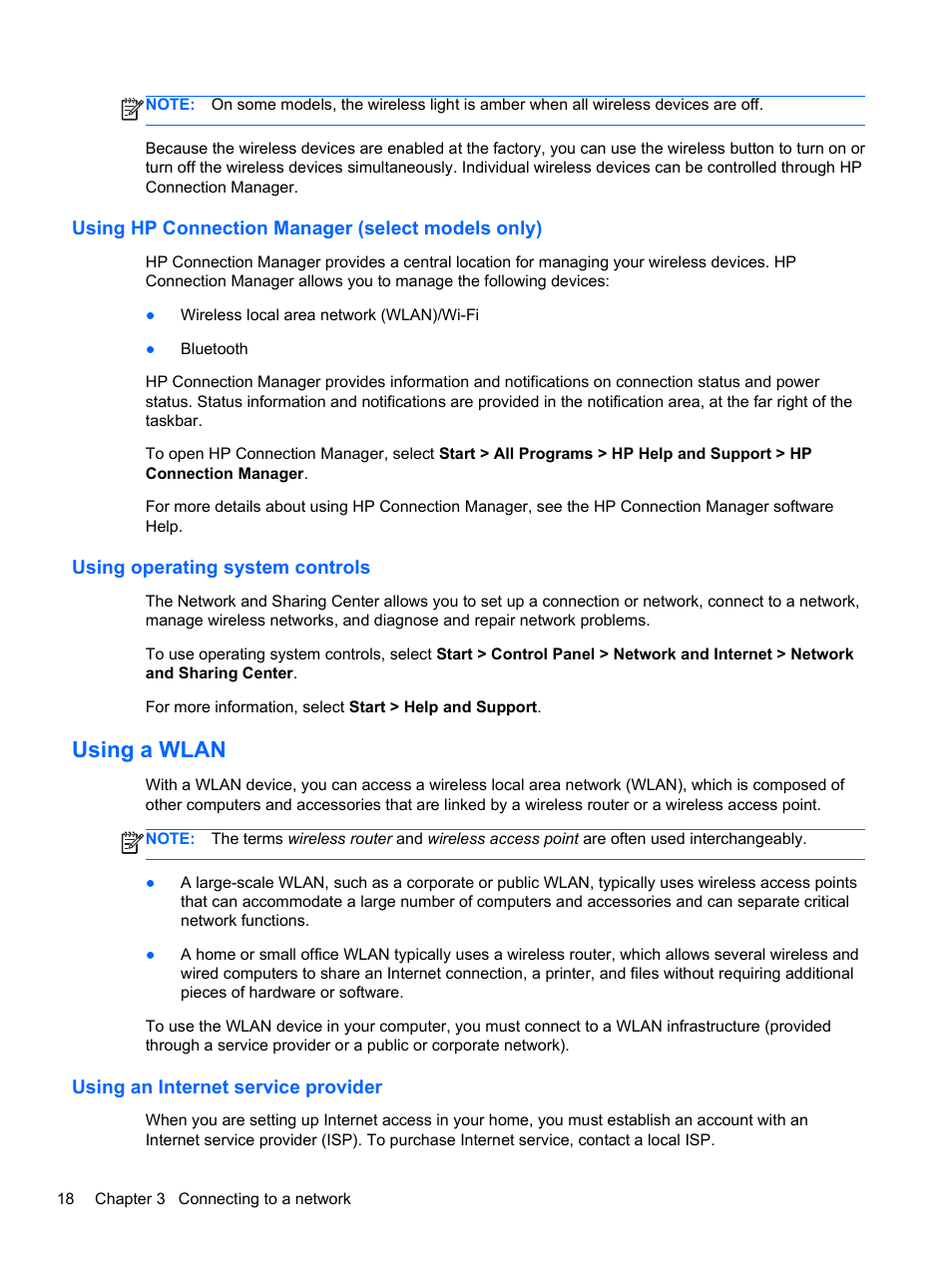 Using hp connection manager (select models only), Using operating system controls, Using a wlan | Using an internet service provider | HP Pavilion m6-1002xx Entertainment Notebook PC User Manual | Page 28 / 101
