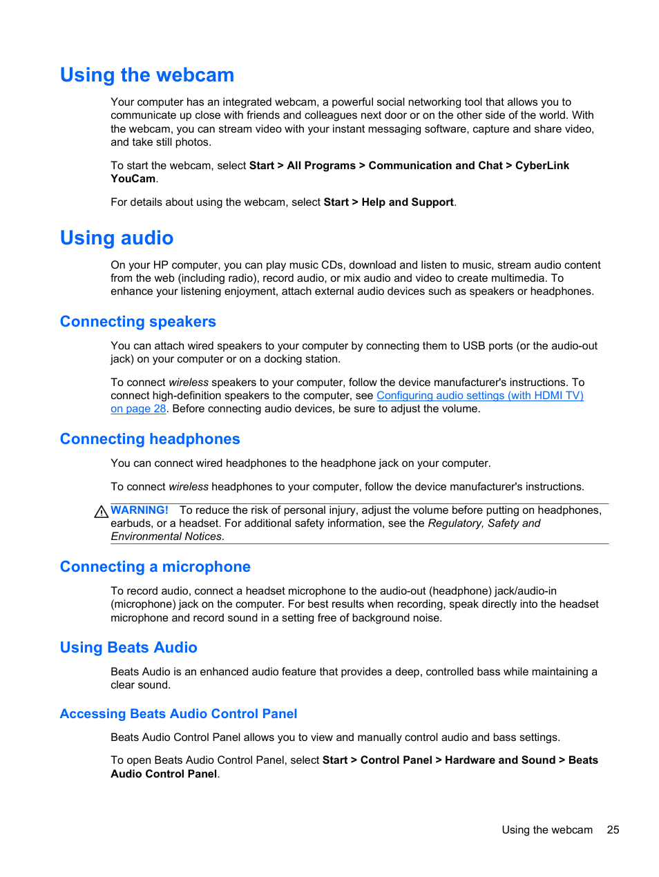 Using the webcam, Using audio, Connecting speakers | Connecting headphones, Connecting a microphone, Using beats audio, Accessing beats audio control panel, Using the webcam using audio, Using | HP Pavilion m6-1002xx Entertainment Notebook PC User Manual | Page 35 / 101