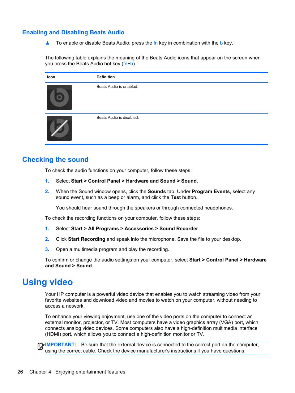 Enabling and disabling beats audio, Checking the sound, Using video | HP Pavilion m6-1002xx Entertainment Notebook PC User Manual | Page 36 / 101