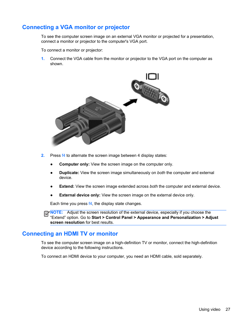 Connecting a vga monitor or projector, Connecting an hdmi tv or monitor, Connecting a vga | HP Pavilion m6-1002xx Entertainment Notebook PC User Manual | Page 37 / 101