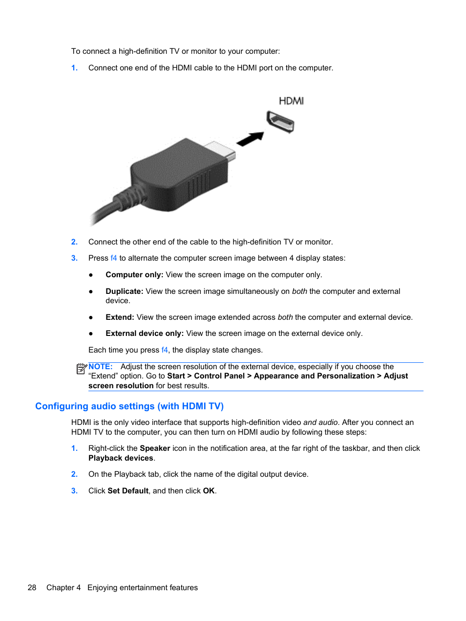 Configuring audio settings (with hdmi tv) | HP Pavilion m6-1002xx Entertainment Notebook PC User Manual | Page 38 / 101