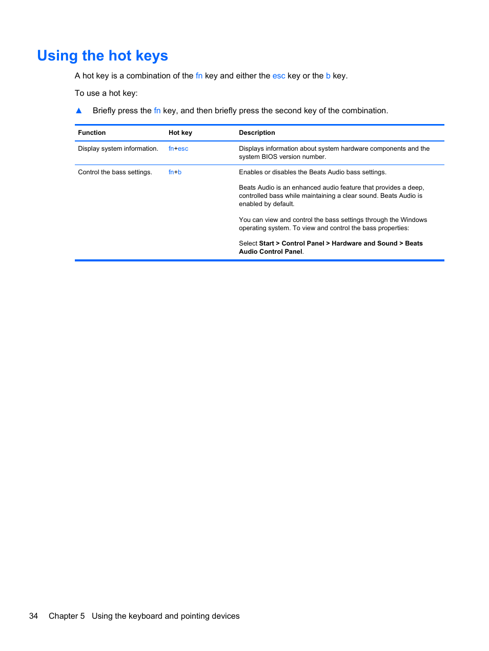 Using the hot keys | HP Pavilion m6-1002xx Entertainment Notebook PC User Manual | Page 44 / 101