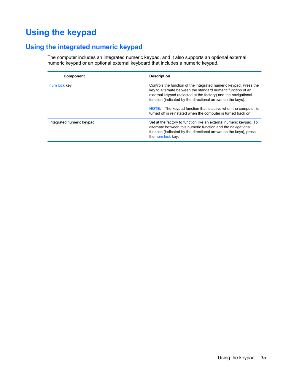 Using the keypad, Using the integrated numeric keypad | HP Pavilion m6-1002xx Entertainment Notebook PC User Manual | Page 45 / 101