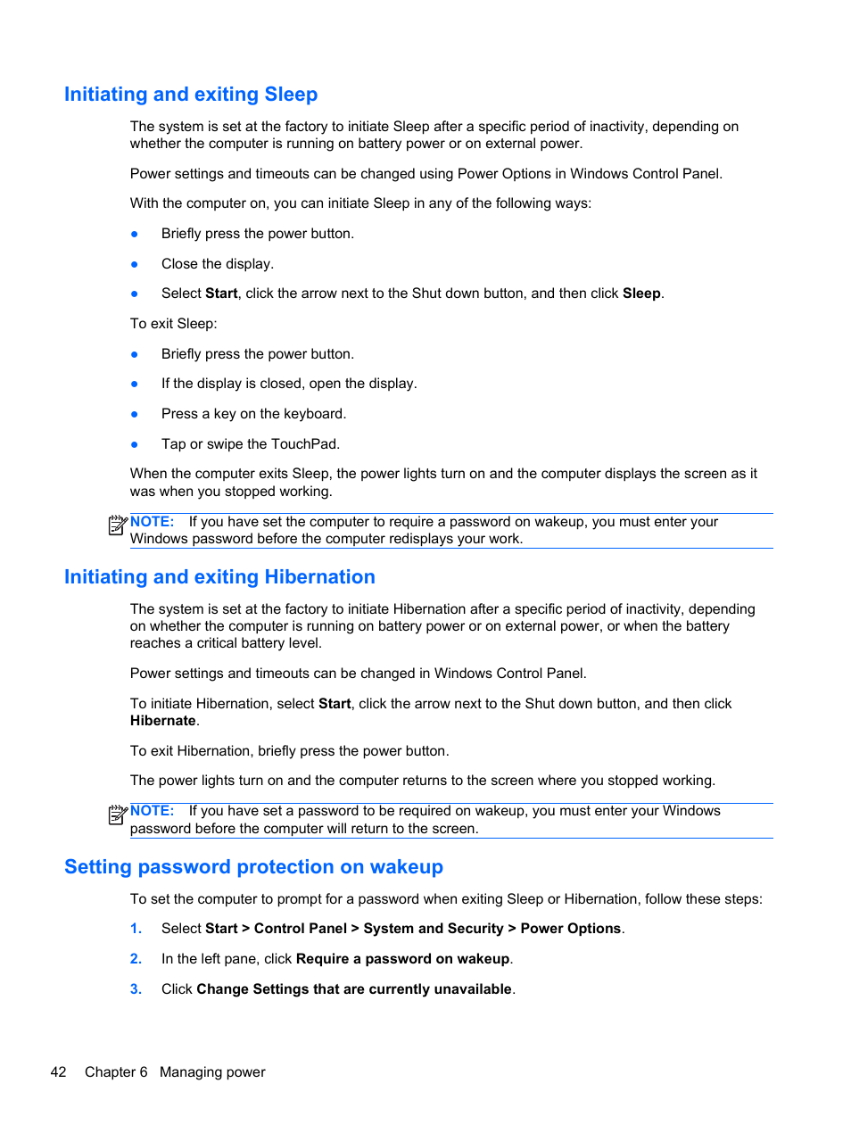Initiating and exiting sleep, Initiating and exiting hibernation, Setting password protection on wakeup | HP Pavilion m6-1002xx Entertainment Notebook PC User Manual | Page 52 / 101