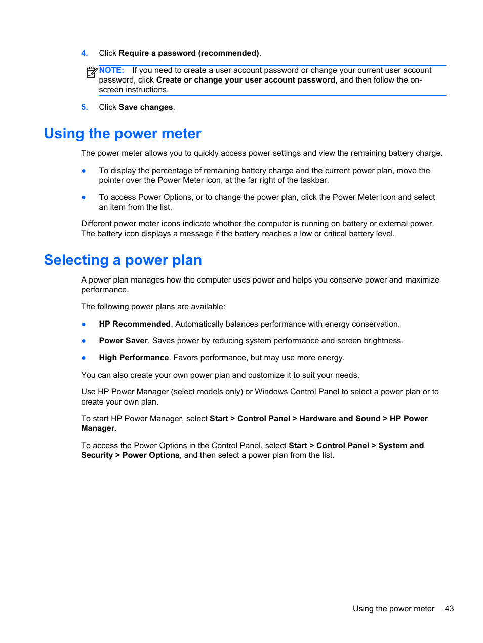 Using the power meter, Selecting a power plan, Using the power meter selecting a power plan | HP Pavilion m6-1002xx Entertainment Notebook PC User Manual | Page 53 / 101