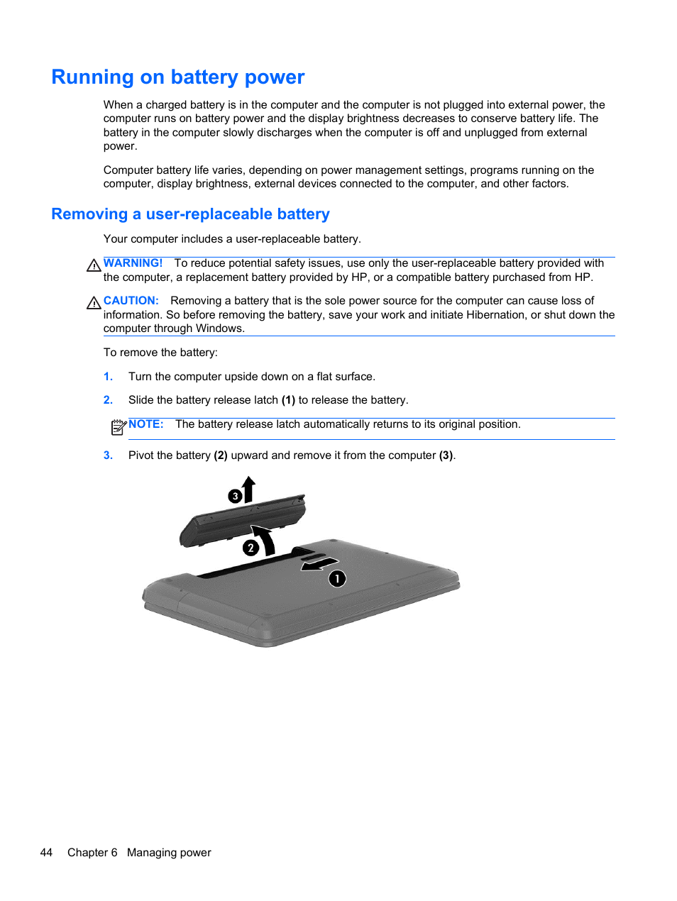 Running on battery power, Removing a user-replaceable battery | HP Pavilion m6-1002xx Entertainment Notebook PC User Manual | Page 54 / 101