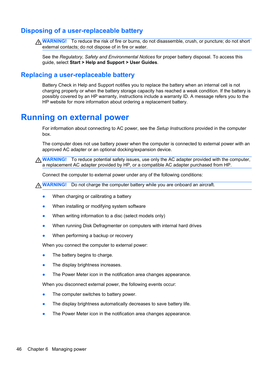 Disposing of a user-replaceable battery, Replacing a user-replaceable battery, Running on external power | HP Pavilion m6-1002xx Entertainment Notebook PC User Manual | Page 56 / 101