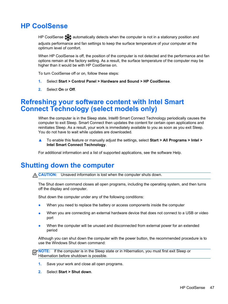 Hp coolsense, Shutting down the computer | HP Pavilion m6-1002xx Entertainment Notebook PC User Manual | Page 57 / 101