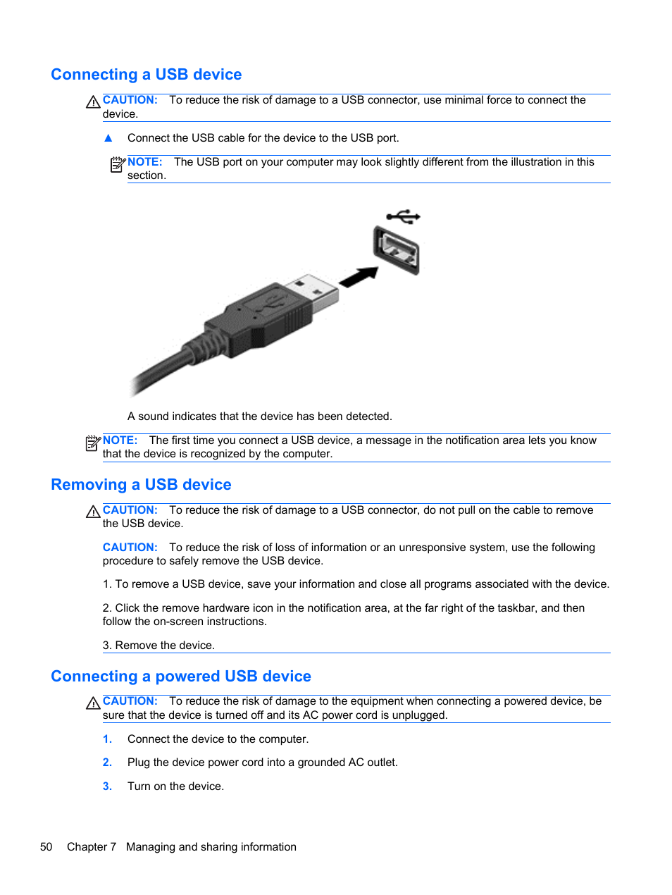 Connecting a usb device, Removing a usb device, Connecting a powered usb device | HP Pavilion m6-1002xx Entertainment Notebook PC User Manual | Page 60 / 101