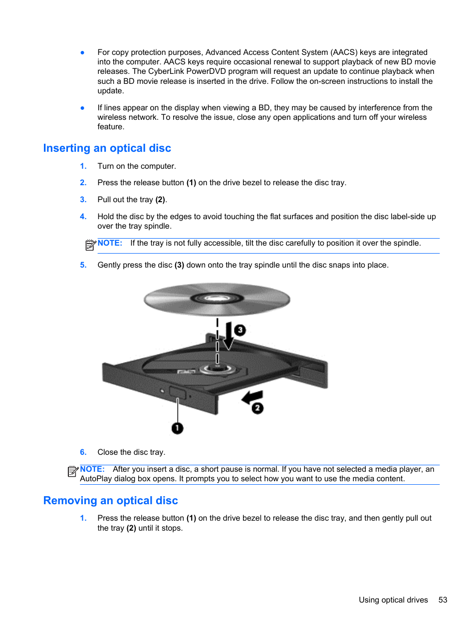 Inserting an optical disc, Removing an optical disc, Inserting an optical disc removing an optical disc | HP Pavilion m6-1002xx Entertainment Notebook PC User Manual | Page 63 / 101