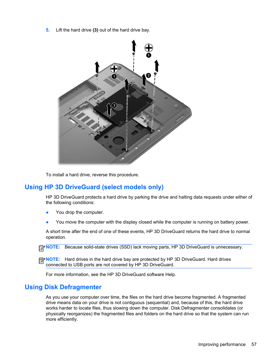 Using hp 3d driveguard (select models only), Using disk defragmenter | HP Pavilion m6-1002xx Entertainment Notebook PC User Manual | Page 67 / 101