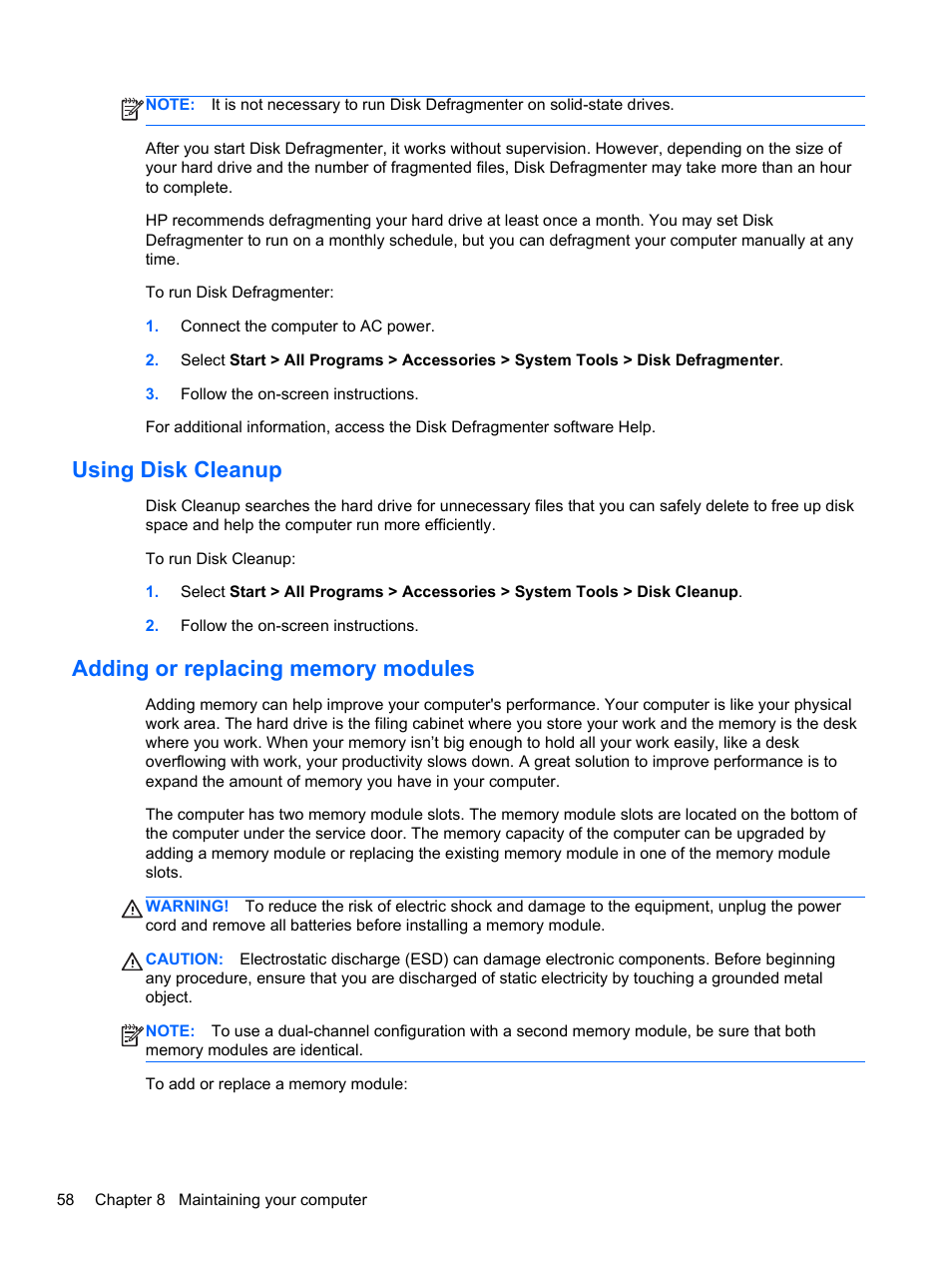 Using disk cleanup, Adding or replacing memory modules | HP Pavilion m6-1002xx Entertainment Notebook PC User Manual | Page 68 / 101