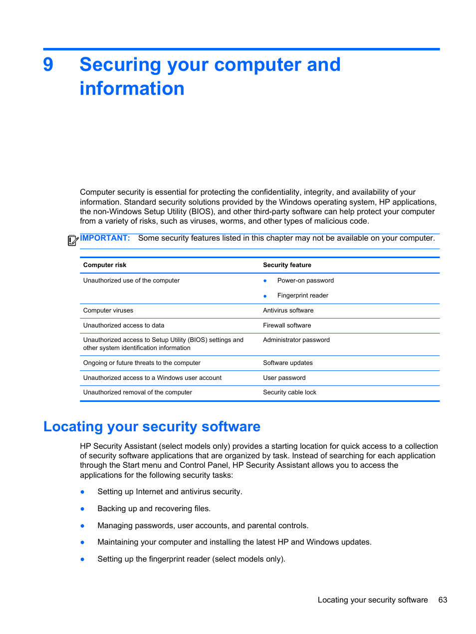 Securing your computer and information, Locating your security software, 9 securing your computer and information | 9securing your computer and information | HP Pavilion m6-1002xx Entertainment Notebook PC User Manual | Page 73 / 101