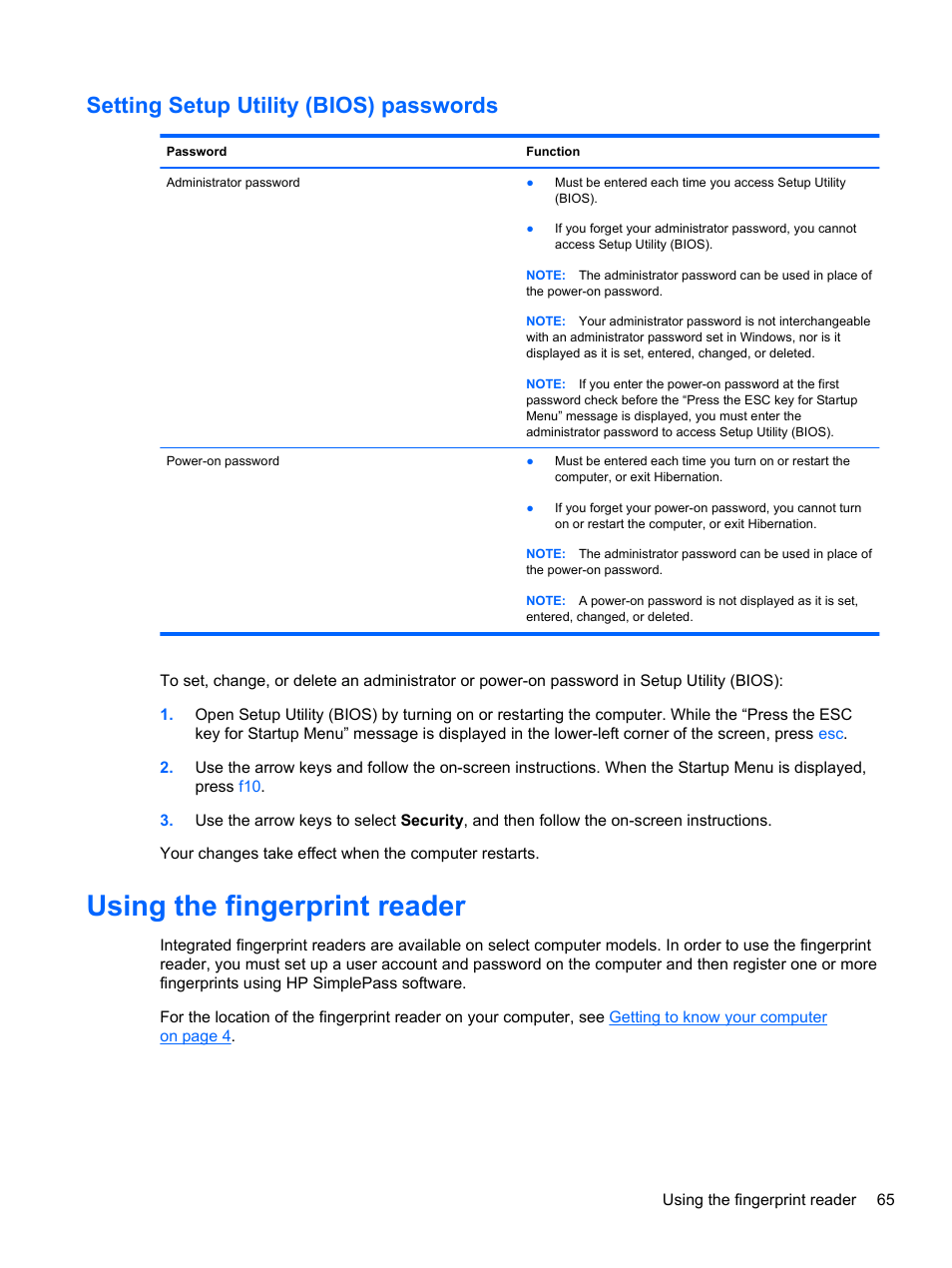 Setting setup utility (bios) passwords, Using the fingerprint reader | HP Pavilion m6-1002xx Entertainment Notebook PC User Manual | Page 75 / 101