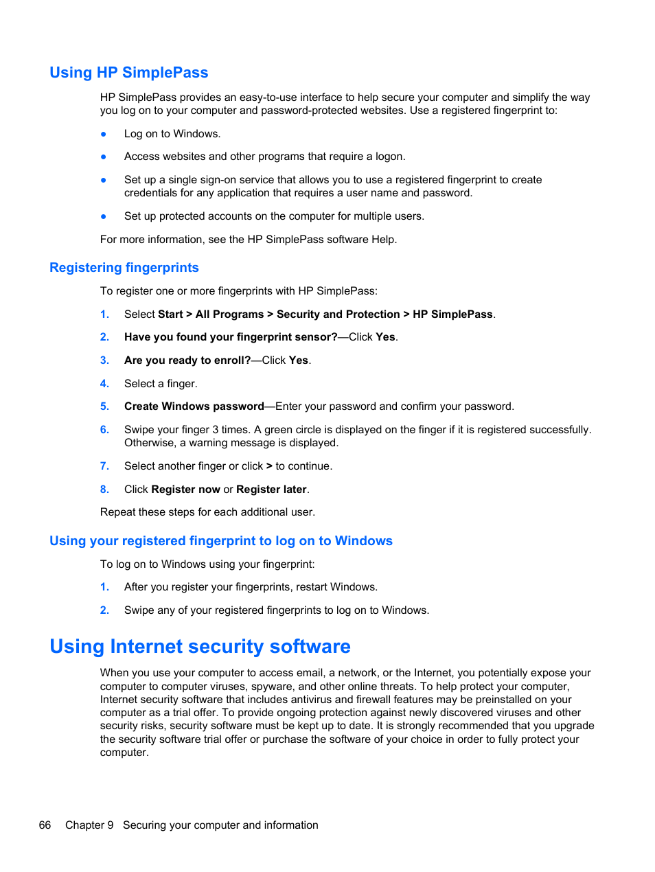 Using hp simplepass, Registering fingerprints, Using internet security software | HP Pavilion m6-1002xx Entertainment Notebook PC User Manual | Page 76 / 101