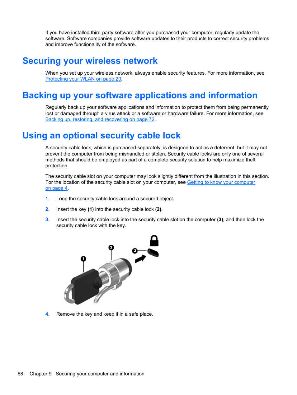 Securing your wireless network, Using an optional security cable lock | HP Pavilion m6-1002xx Entertainment Notebook PC User Manual | Page 78 / 101
