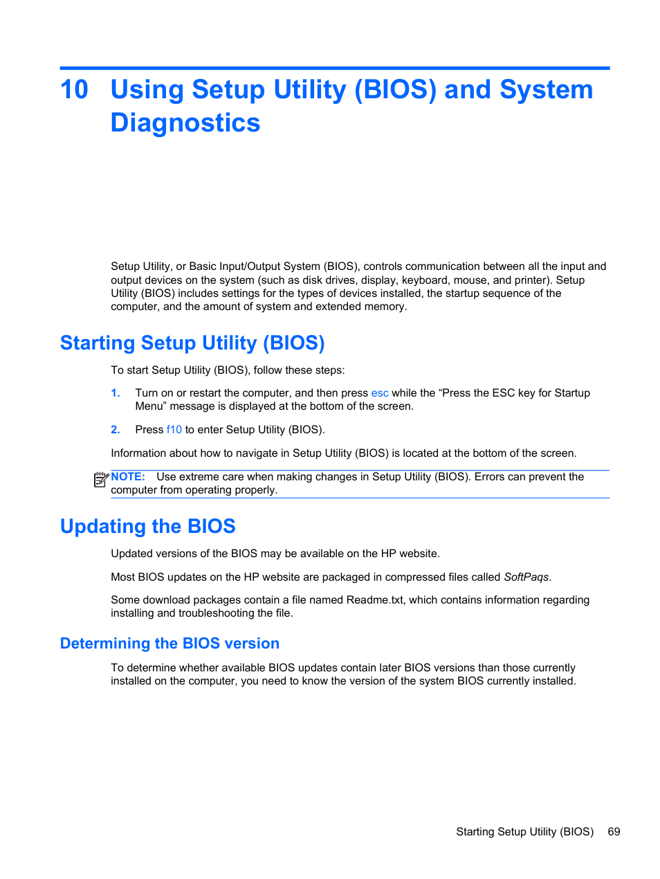 Using setup utility (bios) and system diagnostics, Starting setup utility (bios), Updating the bios | Determining the bios version, Starting setup utility (bios) updating the bios | HP Pavilion m6-1002xx Entertainment Notebook PC User Manual | Page 79 / 101
