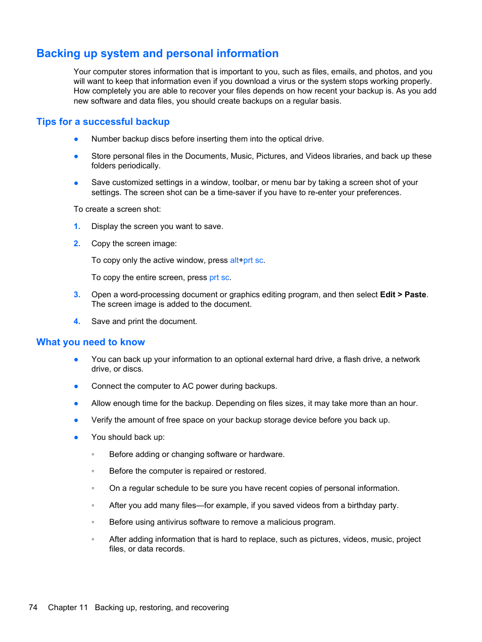 Backing up system and personal information, Tips for a successful backup, What you need to know | Tips for a successful backup what you need to know | HP Pavilion m6-1002xx Entertainment Notebook PC User Manual | Page 84 / 101