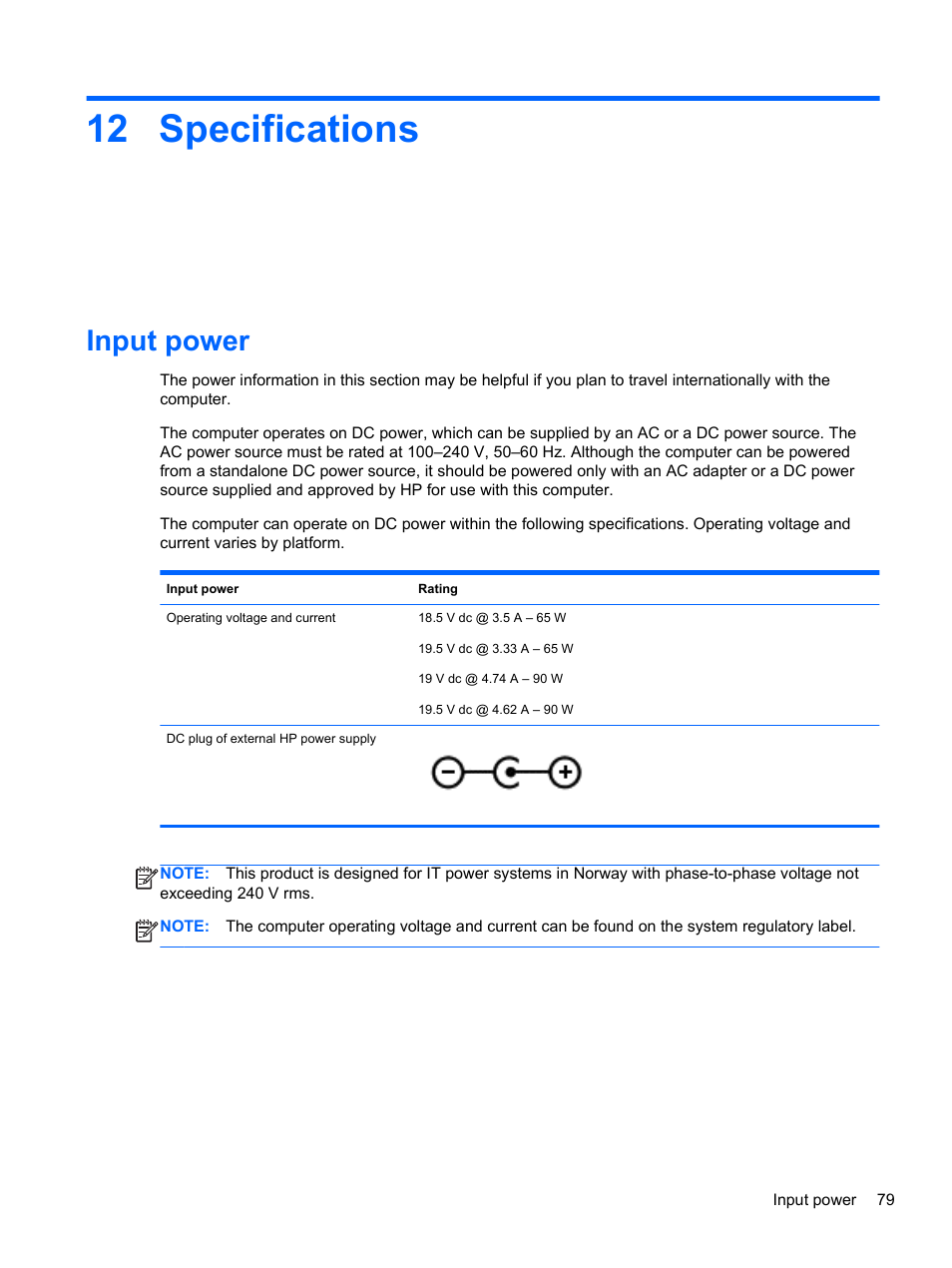 Specifications, Input power, 12 specifications | HP Pavilion m6-1002xx Entertainment Notebook PC User Manual | Page 89 / 101