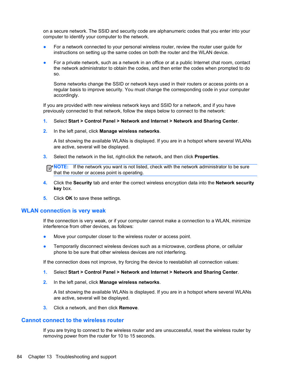 Wlan connection is very weak, Cannot connect to the wireless router | HP Pavilion m6-1002xx Entertainment Notebook PC User Manual | Page 94 / 101