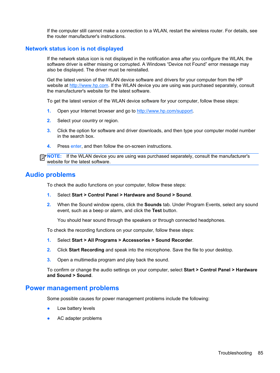 Network status icon is not displayed, Audio problems, Power management problems | Audio problems power management problems | HP Pavilion m6-1002xx Entertainment Notebook PC User Manual | Page 95 / 101