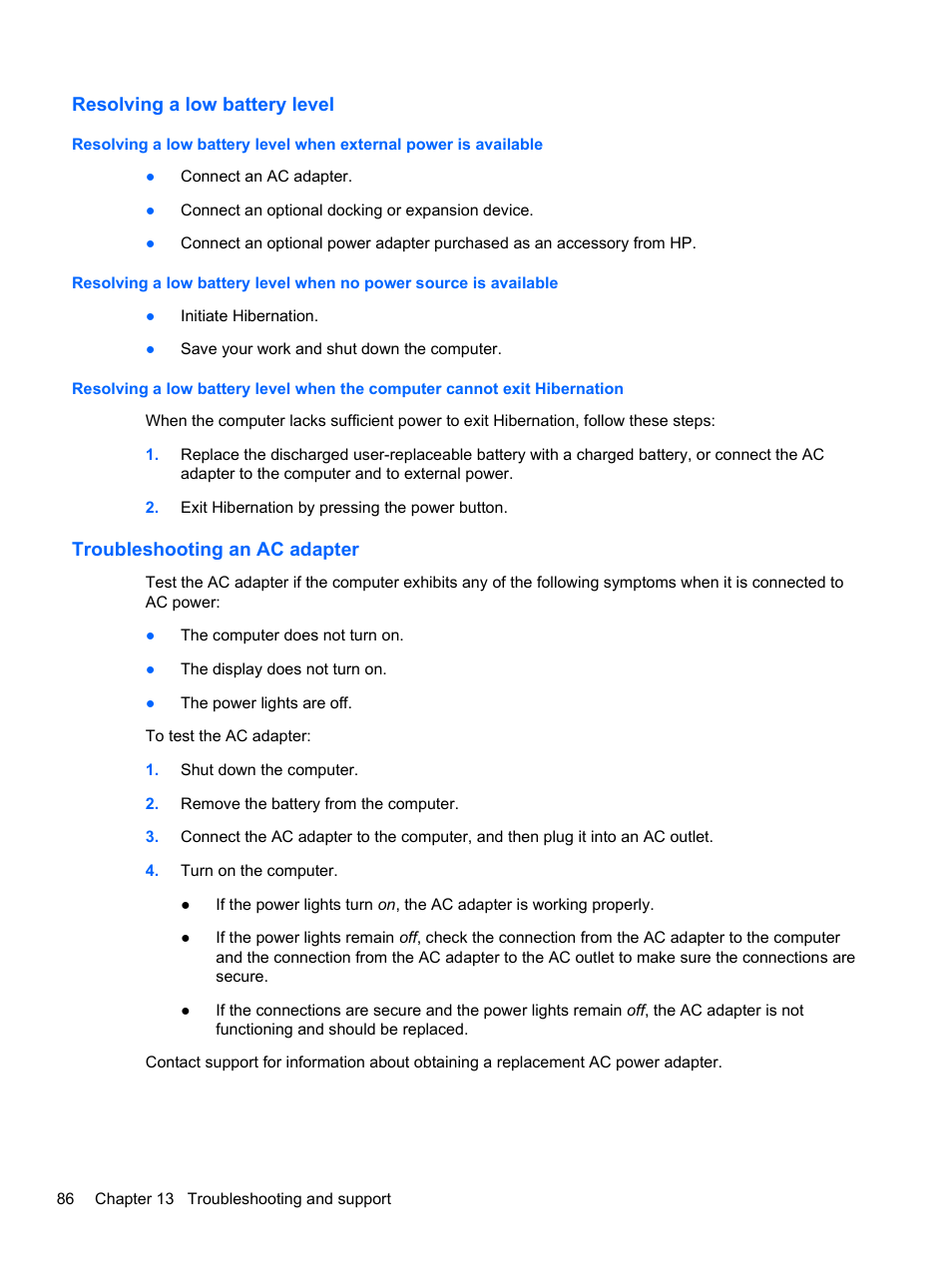 Resolving a low battery level, Troubleshooting an ac adapter | HP Pavilion m6-1002xx Entertainment Notebook PC User Manual | Page 96 / 101