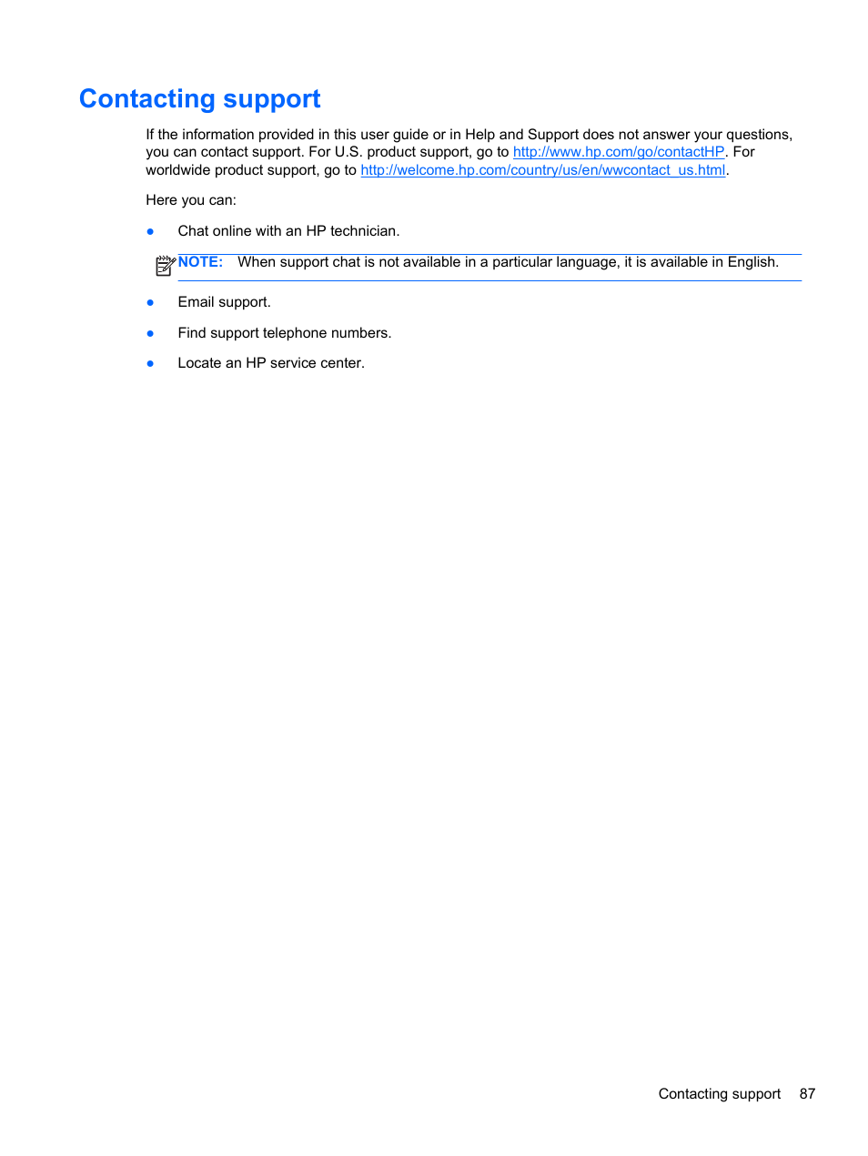 Contacting support | HP Pavilion m6-1002xx Entertainment Notebook PC User Manual | Page 97 / 101