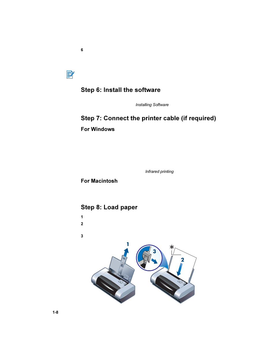 Step 6: install the software, Step 7: connect the printer cable (if required), Step 8: load paper | HP Deskjet 450 Mobile Printer series User Manual | Page 12 / 86