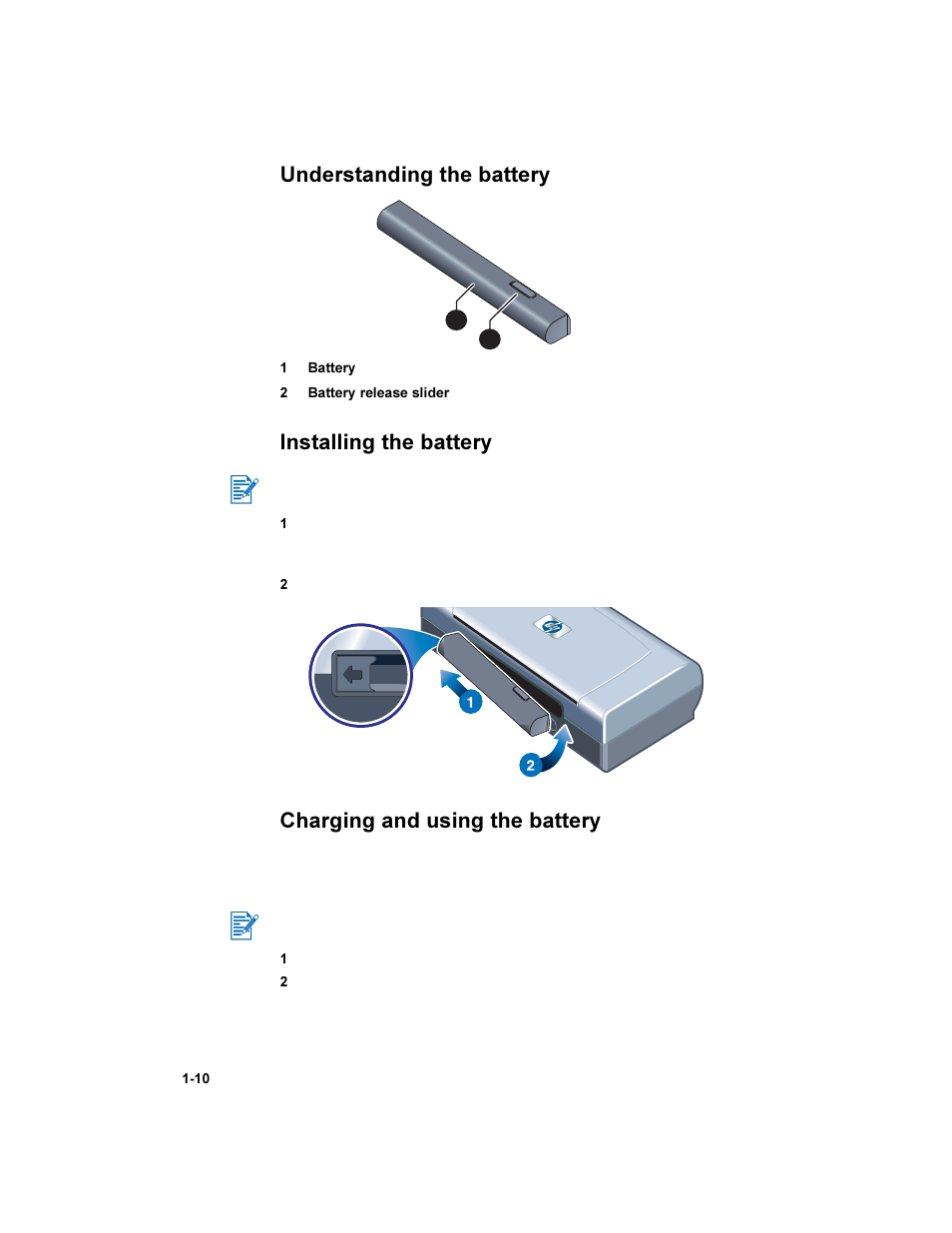 Installing the battery, Installing the battery -10, Understanding the battery | Charging and using the battery | HP Deskjet 450 Mobile Printer series User Manual | Page 14 / 86