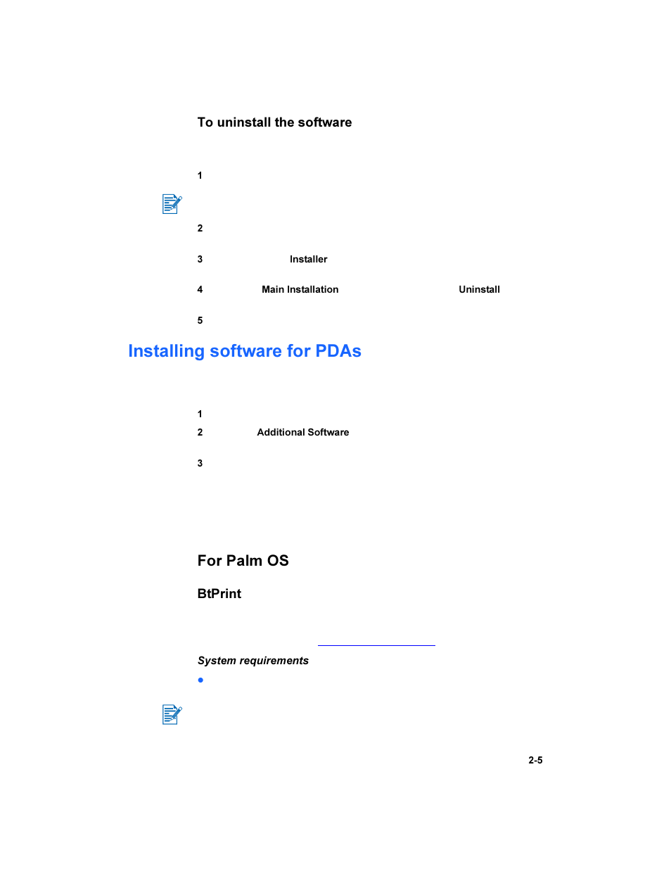 Installing software for pdas, For palm os, Installing software for pdas -5 | For palm os -5, Btprint | HP Deskjet 450 Mobile Printer series User Manual | Page 21 / 86