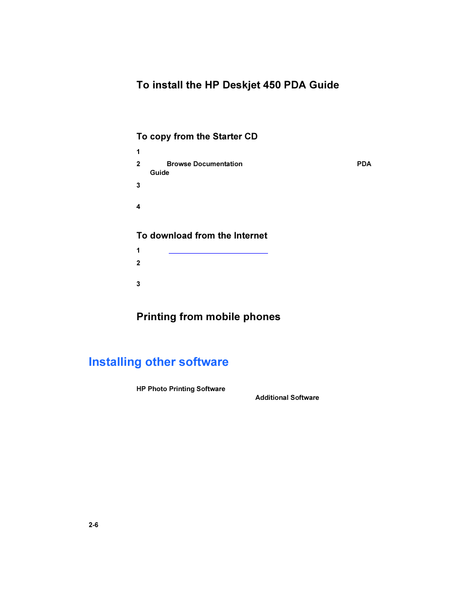 To install the hp deskjet 450 pda guide, Printing from mobile phones, Installing other software | Installing other software -6 | HP Deskjet 450 Mobile Printer series User Manual | Page 22 / 86