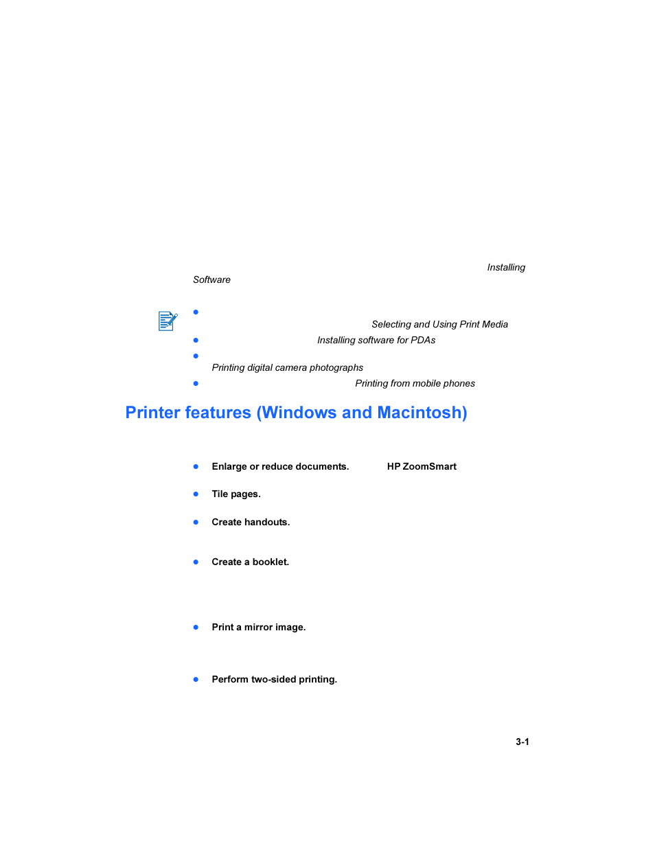 Printing, Printer features (windows and macintosh), Printer features (windows and macintosh) -1 | HP Deskjet 450 Mobile Printer series User Manual | Page 23 / 86