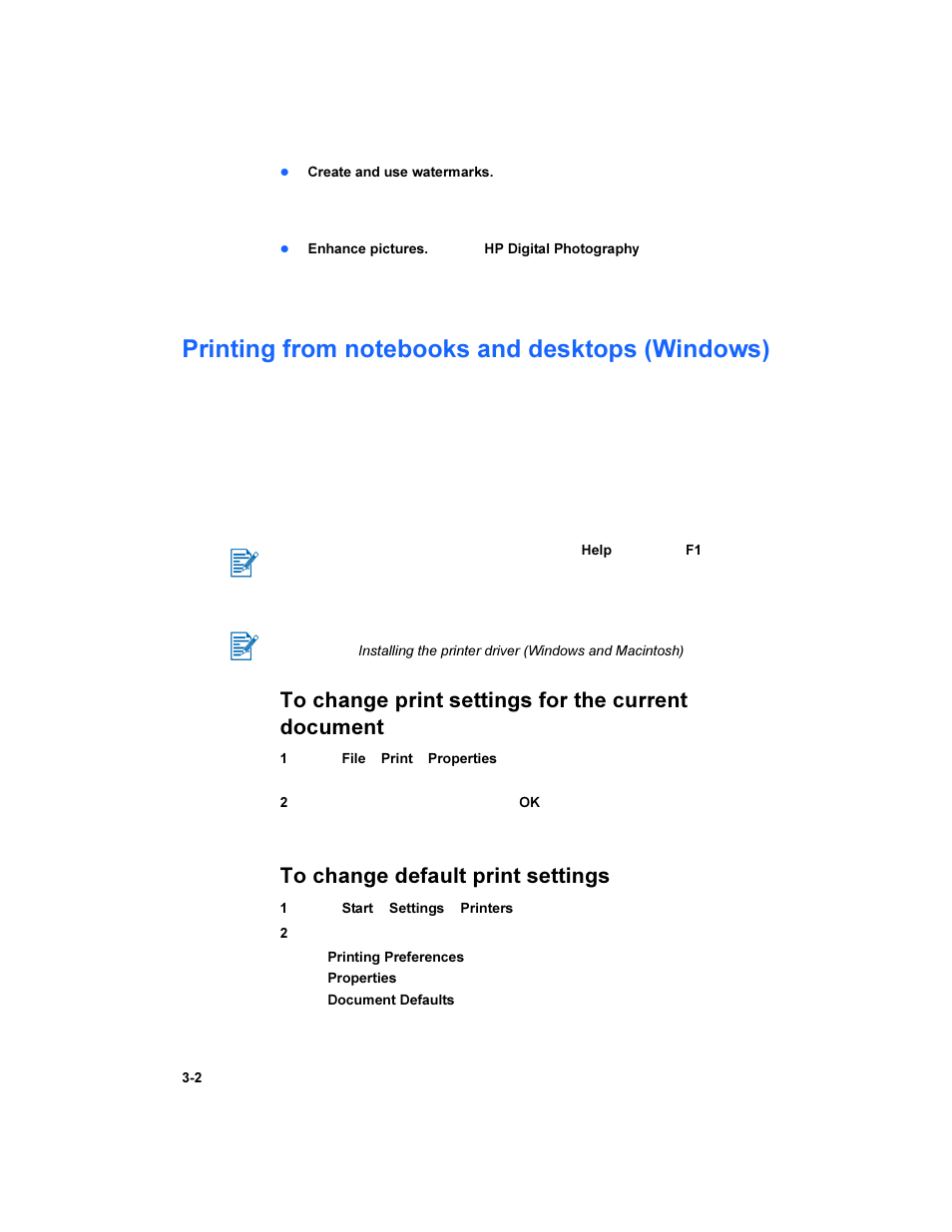 Printing from notebooks and desktops (windows), To change print settings for the current document, To change default print settings | Printing from notebooks and desktops (windows) -2 | HP Deskjet 450 Mobile Printer series User Manual | Page 24 / 86