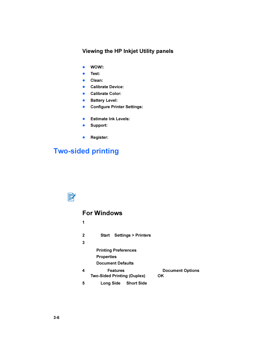 Two-sided printing, Two-sided printing -6, For windows | Viewing the hp inkjet utility panels | HP Deskjet 450 Mobile Printer series User Manual | Page 28 / 86