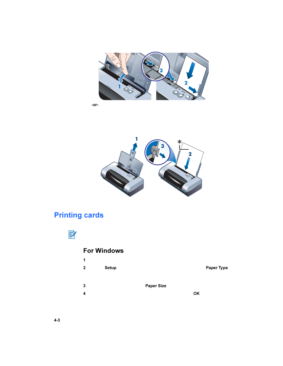 Printing cards, Printing cards -3, For windows | HP Deskjet 450 Mobile Printer series User Manual | Page 32 / 86