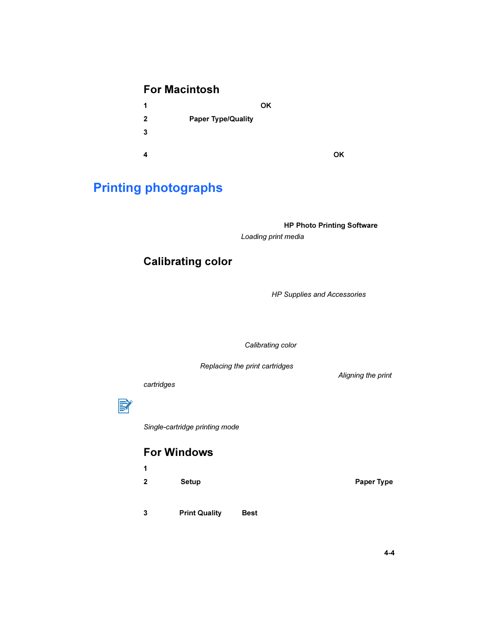 Printing photographs, Calibrating color, Printing photographs -4 | Calibrating color -4, For macintosh, For windows | HP Deskjet 450 Mobile Printer series User Manual | Page 33 / 86