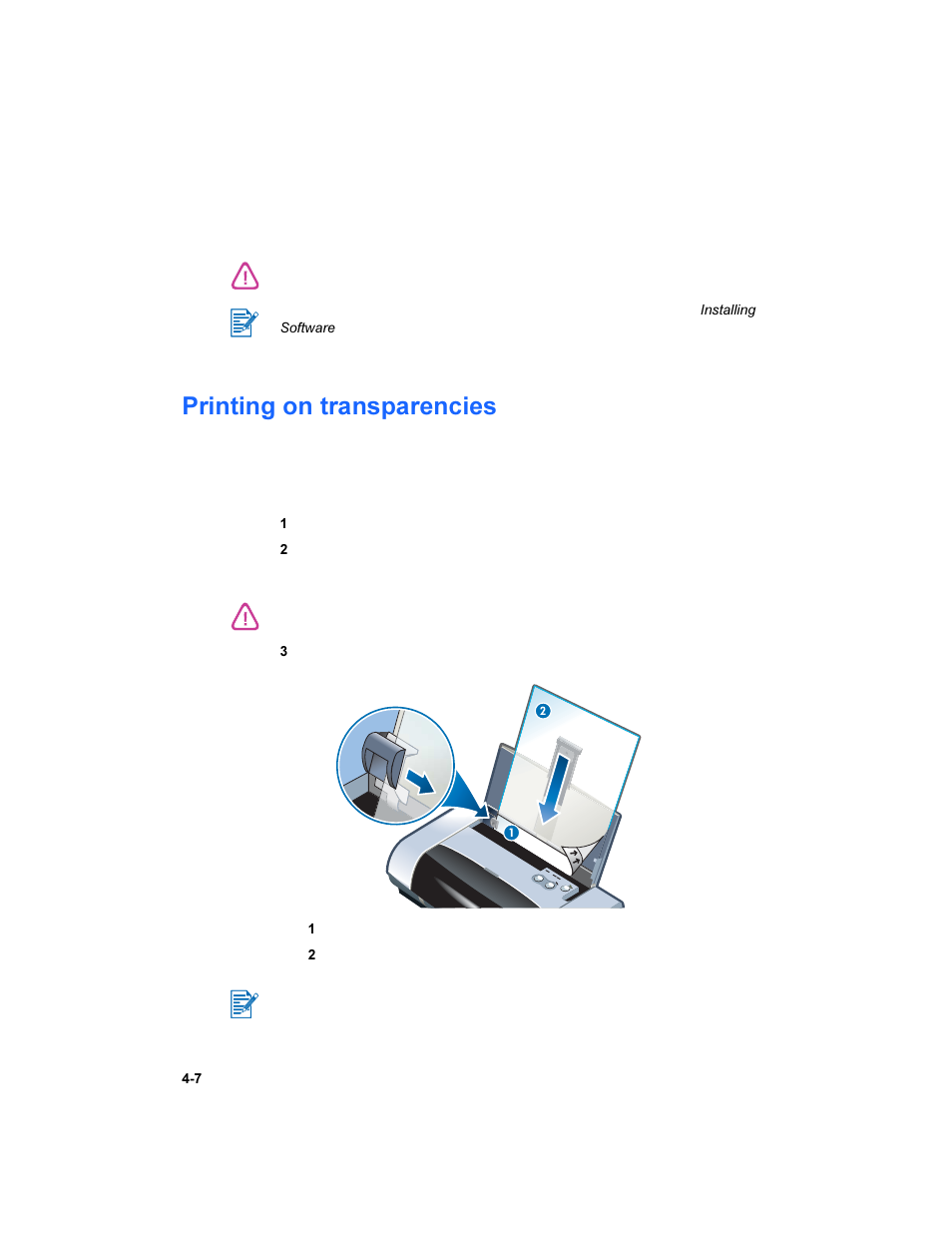 Printing on transparencies, Printing on transparencies -7 | HP Deskjet 450 Mobile Printer series User Manual | Page 36 / 86