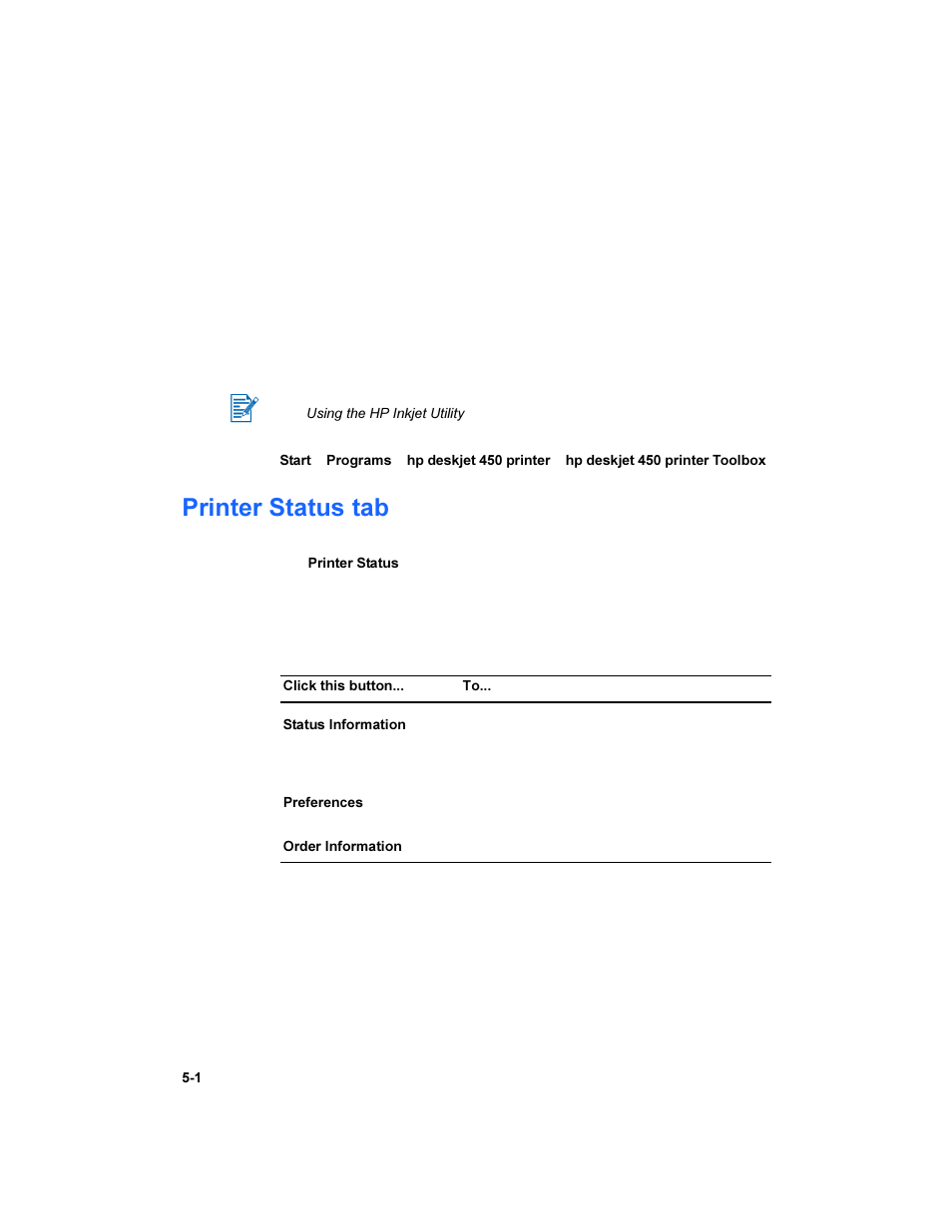 Using the toolbox, Printer status tab, Printer status tab -1 | HP Deskjet 450 Mobile Printer series User Manual | Page 38 / 86