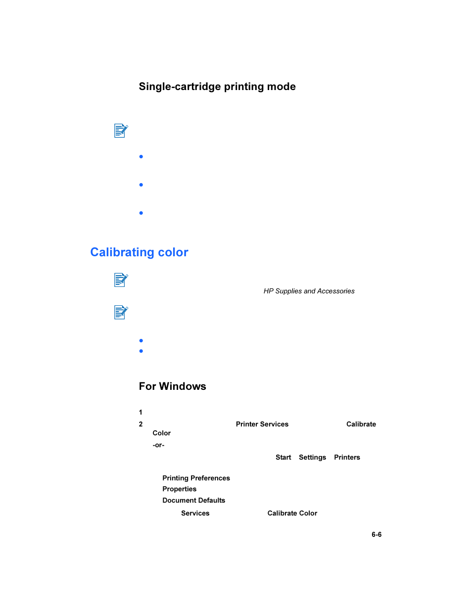 Single-cartridge printing mode, Single-cartridge printing mode -6, Calibrating color | For windows | HP Deskjet 450 Mobile Printer series User Manual | Page 47 / 86