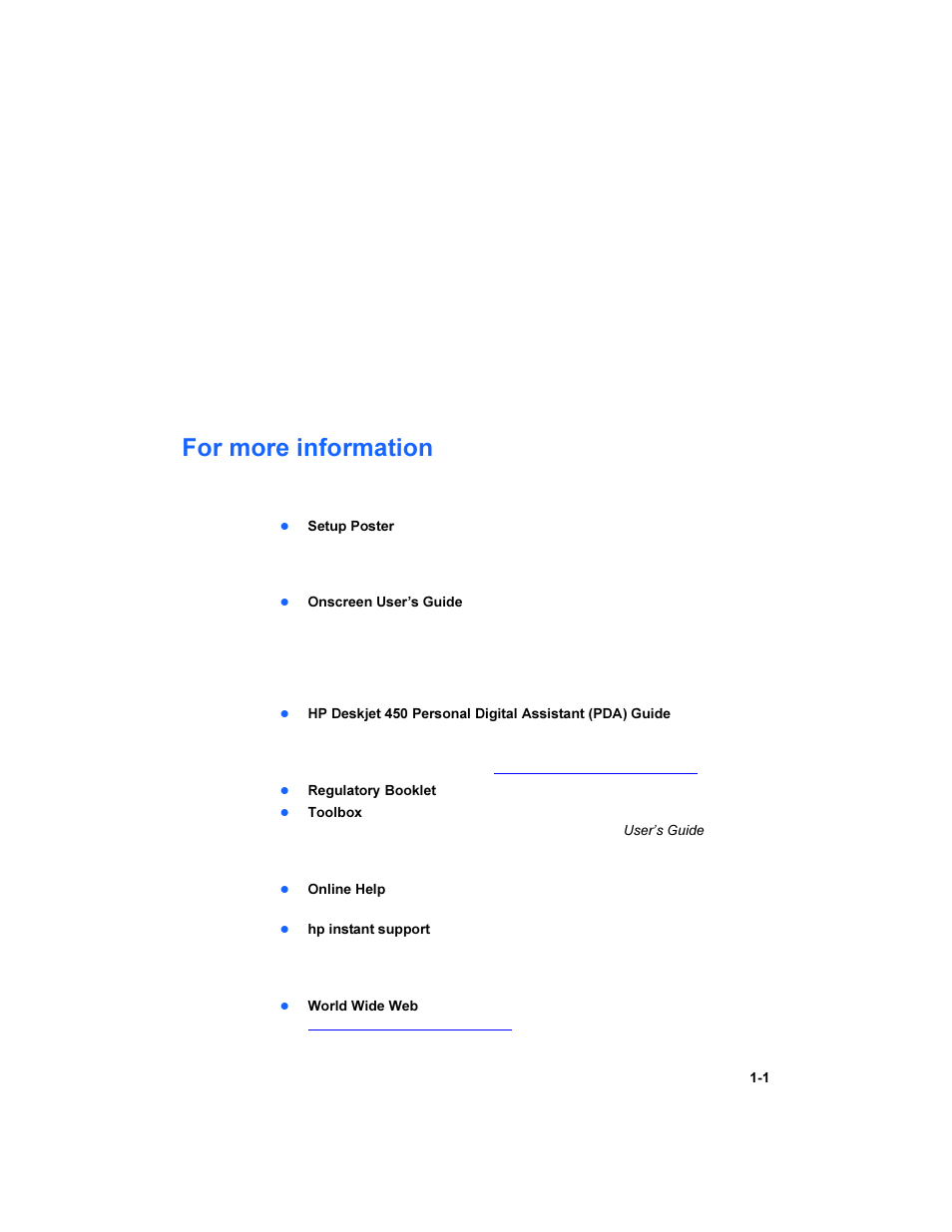 Setting up, For more information, For more information -1 | HP Deskjet 450 Mobile Printer series User Manual | Page 5 / 86