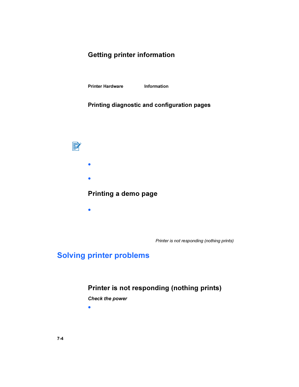 Getting printer information, Solving printer problems, Printer is not responding (nothing prints) | Getting printer information -4, Solving printer problems -4, Printer is not responding (nothing prints) -4, Printing a demo page, Printing diagnostic and configuration pages | HP Deskjet 450 Mobile Printer series User Manual | Page 52 / 86