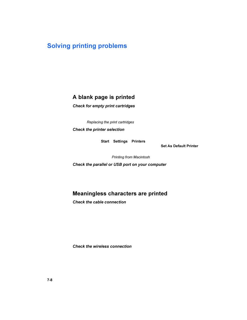 Solving printing problems, Meaningless characters are printed, Solving printing problems -8 | A blank page is printed | HP Deskjet 450 Mobile Printer series User Manual | Page 56 / 86
