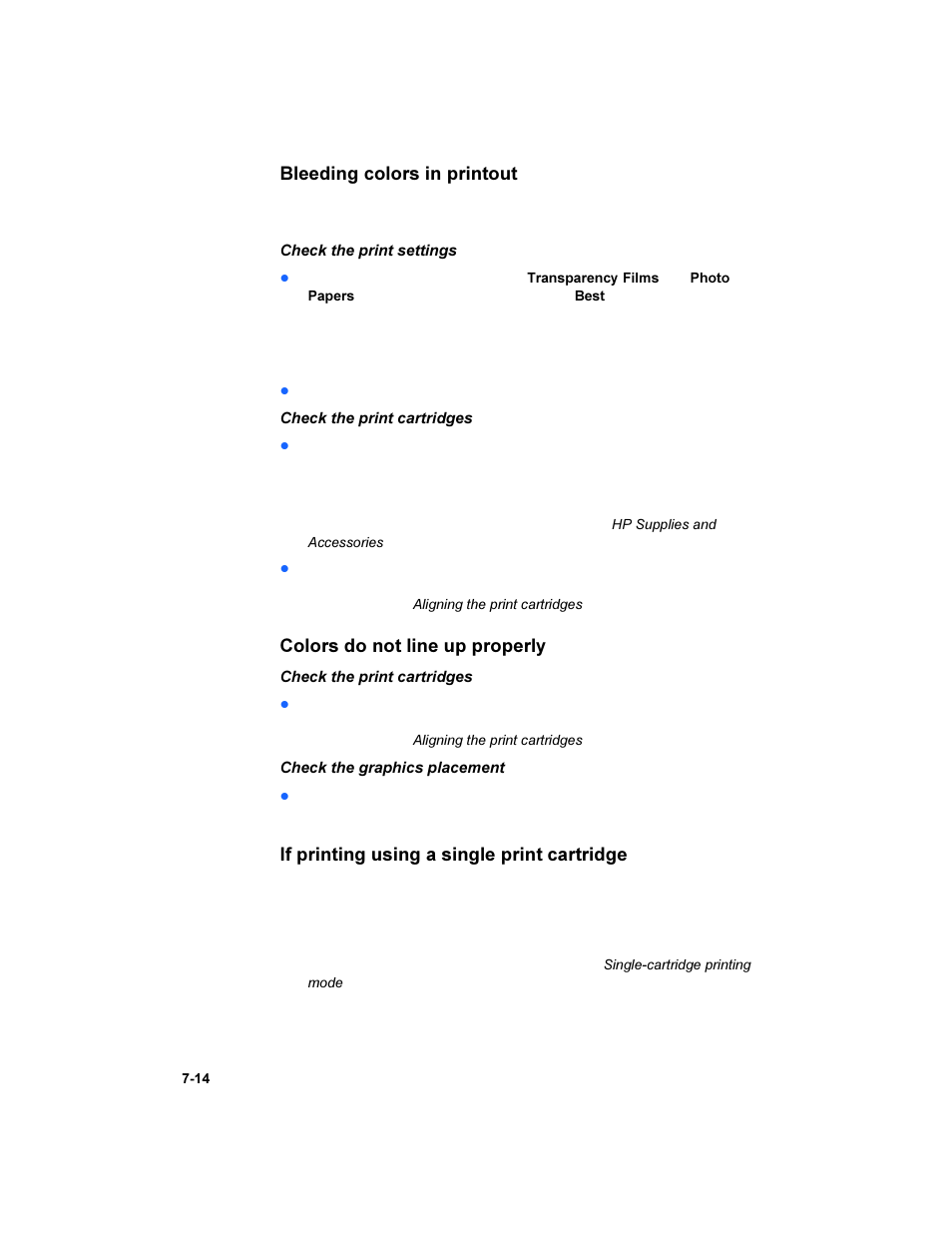 Bleeding colors in printout, Colors do not line up properly, If printing using a single print cartridge | HP Deskjet 450 Mobile Printer series User Manual | Page 62 / 86