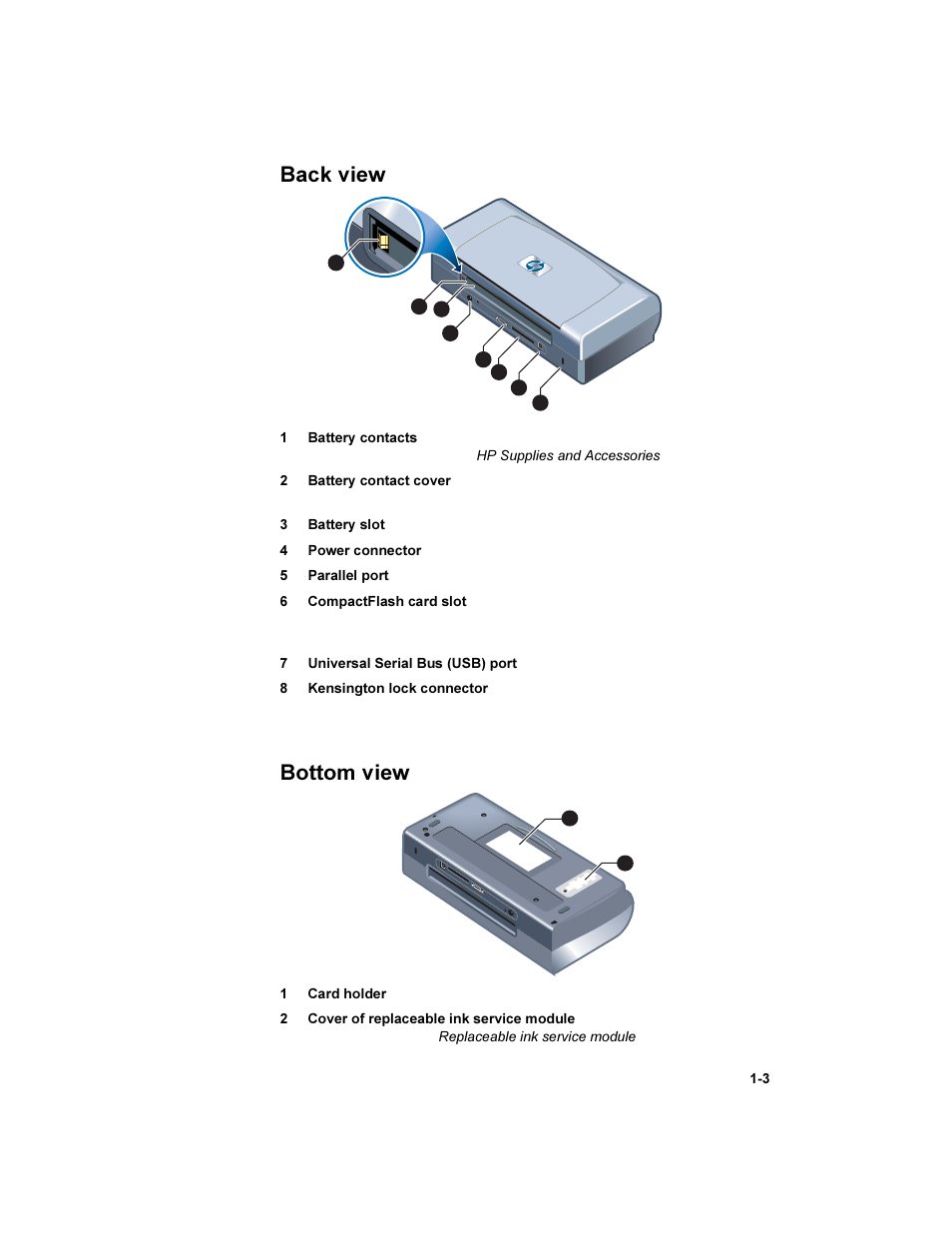 Back view, Bottom view | HP Deskjet 450 Mobile Printer series User Manual | Page 7 / 86