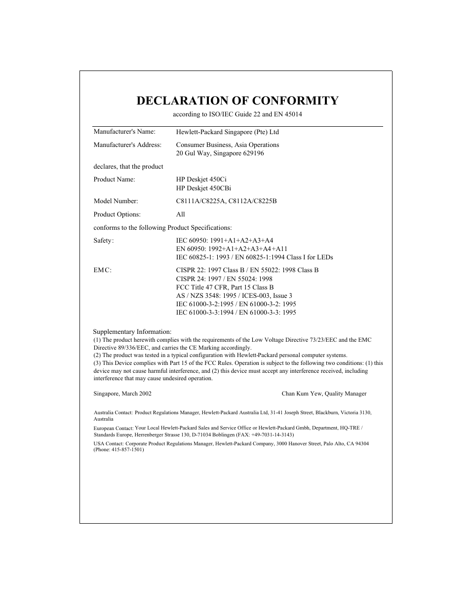 Declaration of conformity | HP Deskjet 450 Mobile Printer series User Manual | Page 83 / 86