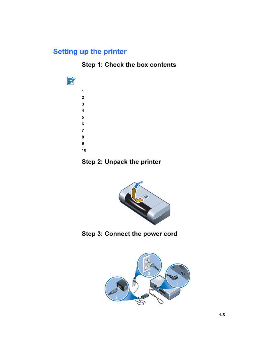 Setting up the printer, Setting up the printer -5, Step 1: check the box contents | Step 2: unpack the printer, Step 3: connect the power cord | HP Deskjet 450 Mobile Printer series User Manual | Page 9 / 86