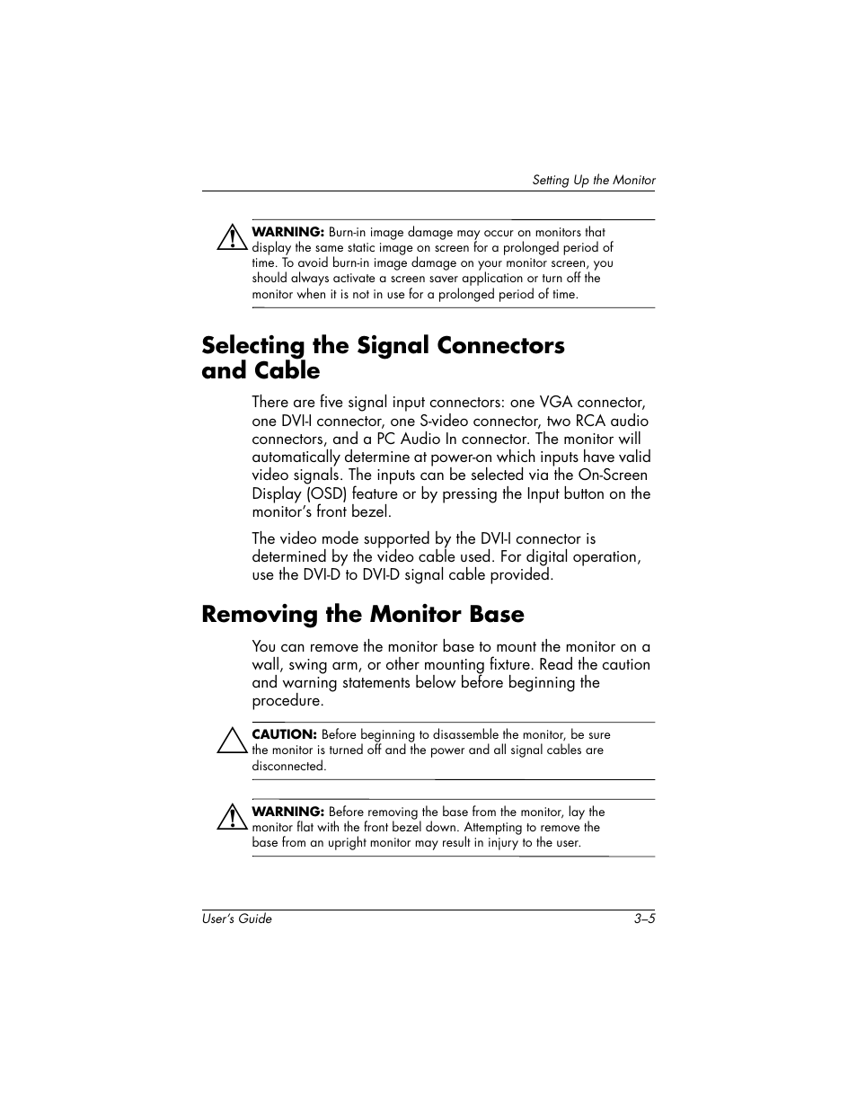 Selecting the signal connectors and cable, Removing the monitor base | HP f2304 23-inch High Def LCD Monitor User Manual | Page 15 / 52