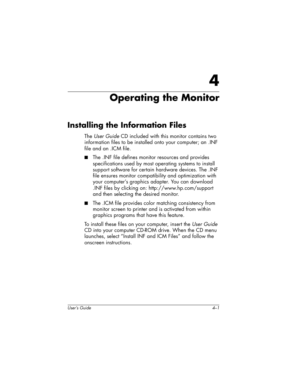 Operating the monitor, Installing the information files, 4 operating the monitor | Installing the information files –1 | HP f2304 23-inch High Def LCD Monitor User Manual | Page 21 / 52